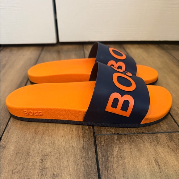 BOSS Hugo Boss men’s slides sandals orange & navy blue large logo detail size 12